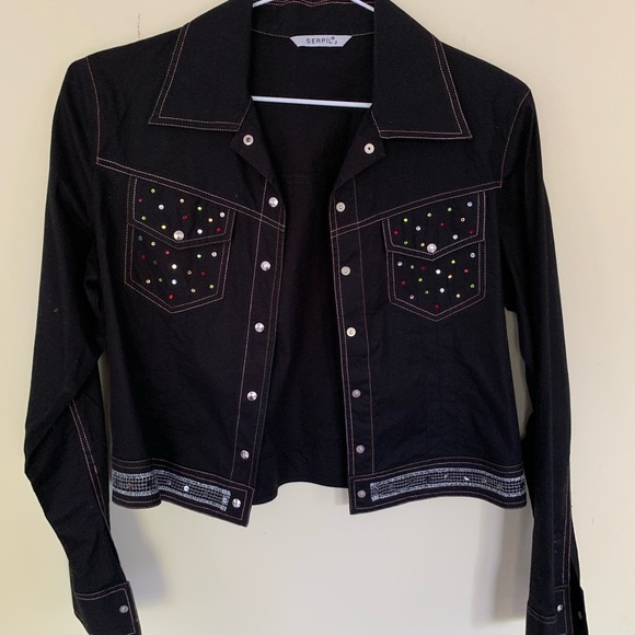 Black Cotton Collared Short Blazer Jacket colorful Jeweled beadings Rhinestones - Picture 11 of 16